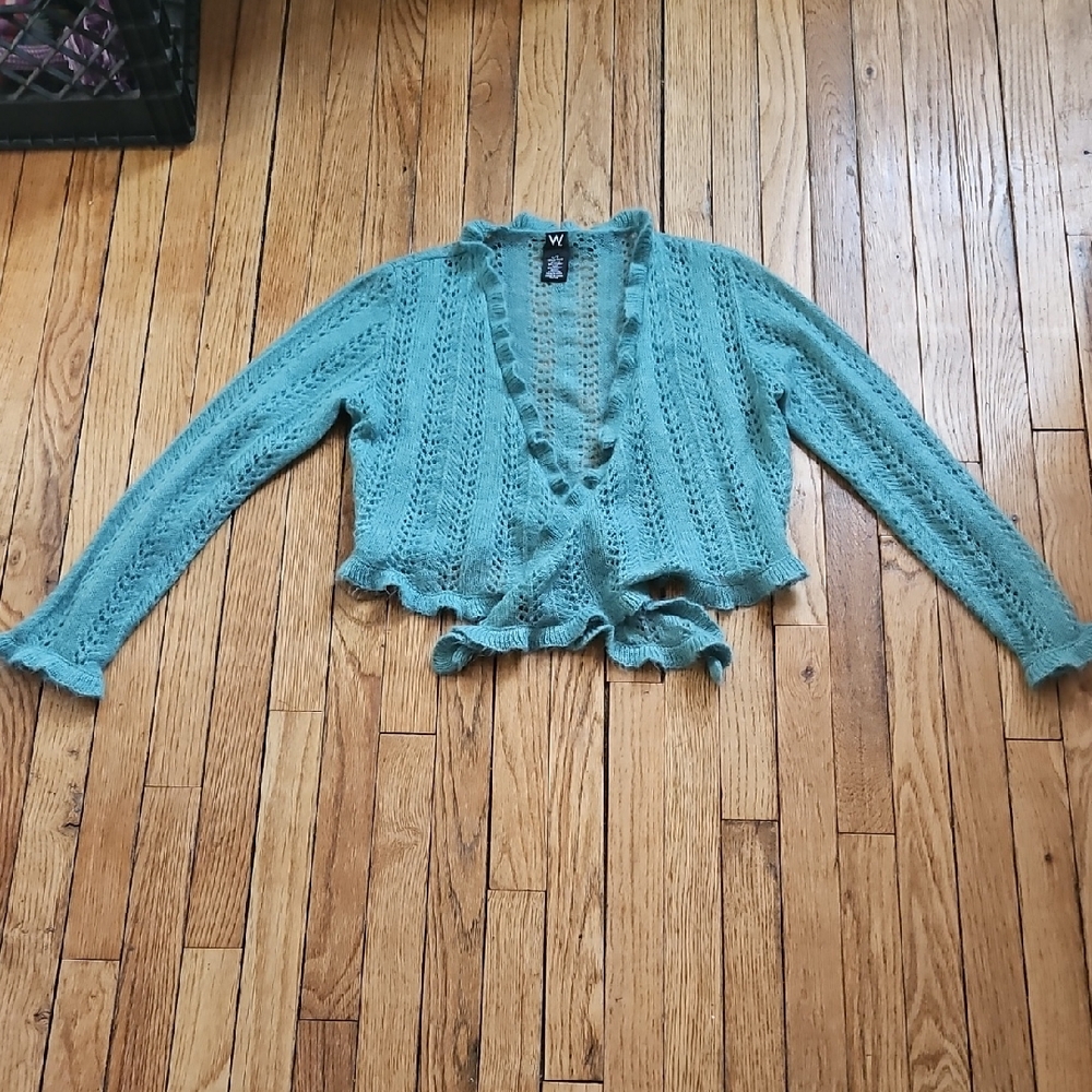 Women's Teal Ruffle Tie Cardigan Sweater